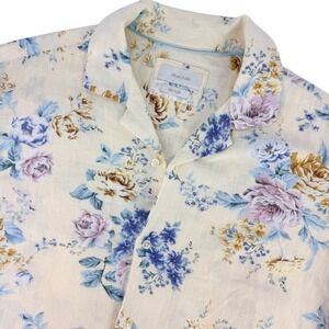 Porter & Ash L Men Cream Floral Linen Short Sleeve Button Up Shirt Preppy Beach